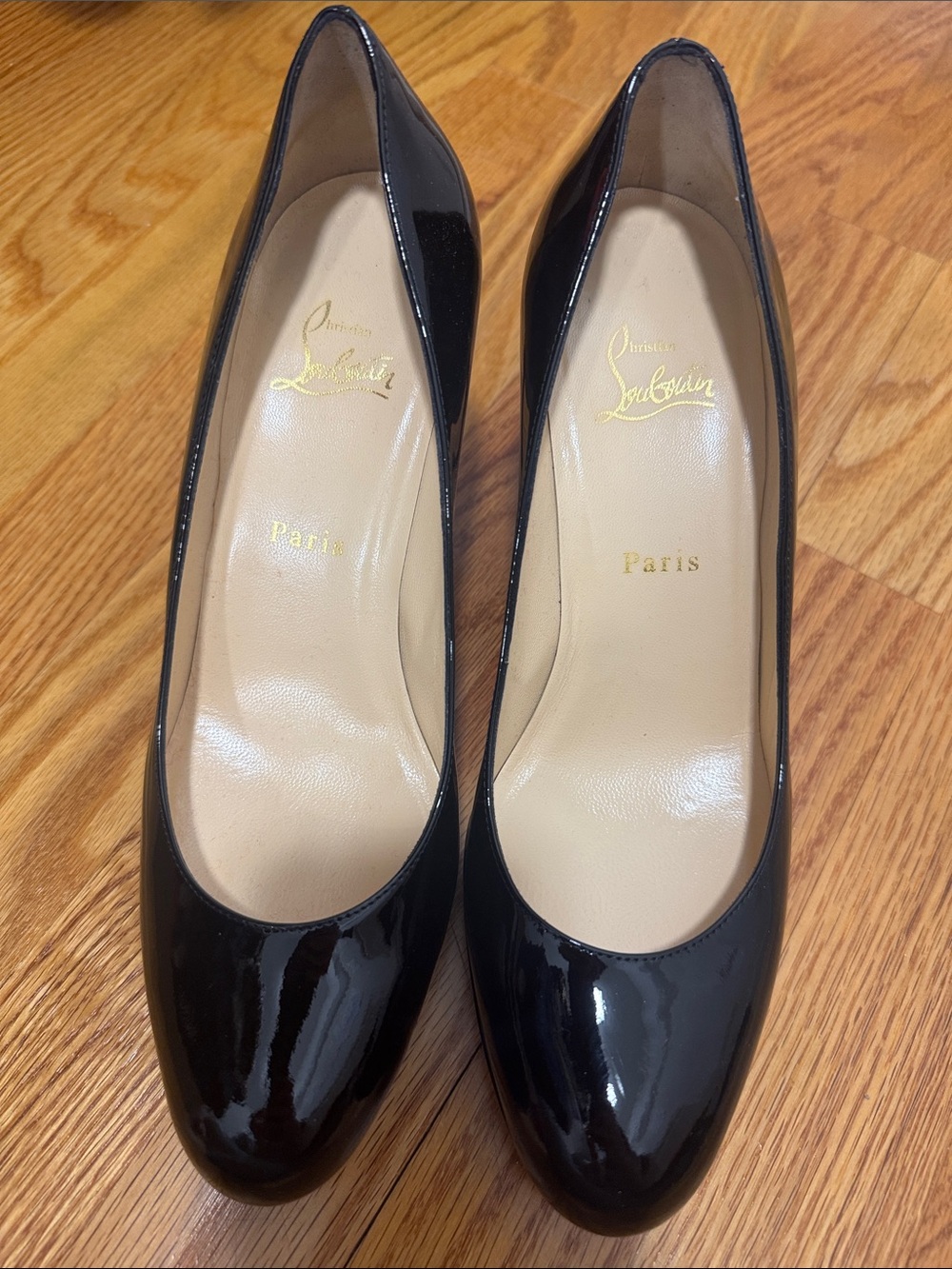 Christian Louboutin Black Patent Leather Round-Toe Pumps